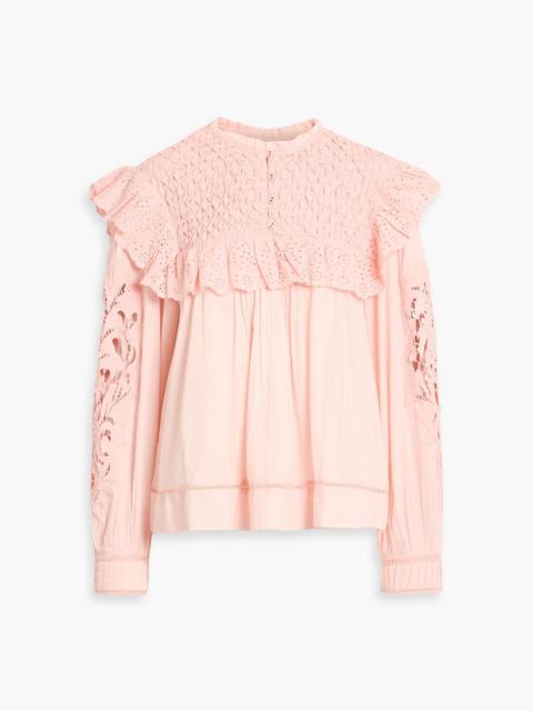 FARM RIO Honeycomb ruffled guipure lace and cotton-jacquard blouse