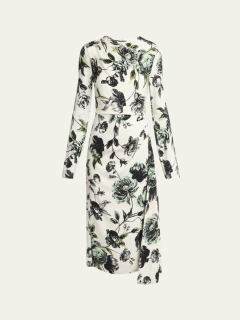 Floral Draped Long-Sleeve Midi Dress