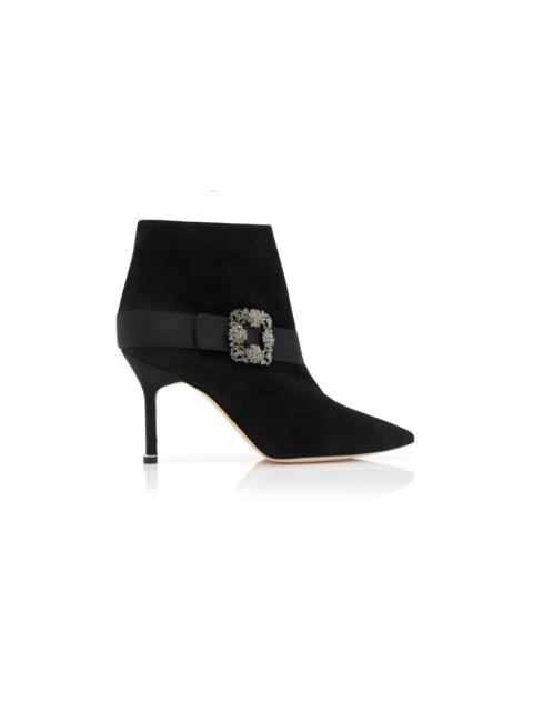 Manolo Blahnik Black Suede Jewel Buckle Ankle Boots