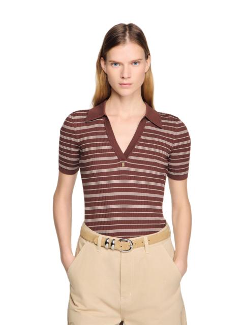 Sandro SANDRO Striped V-neck polo sweater in Brown at Nordstrom