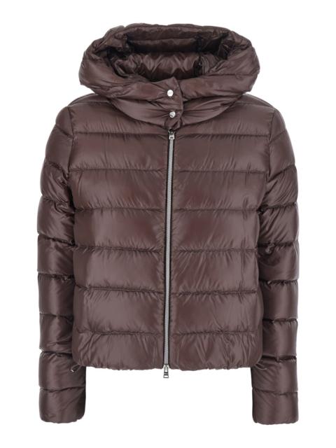 Herno Herno Women Brown Short Down Jacket With Hood And Metal Plate On The Back In Tech Fabric Woman