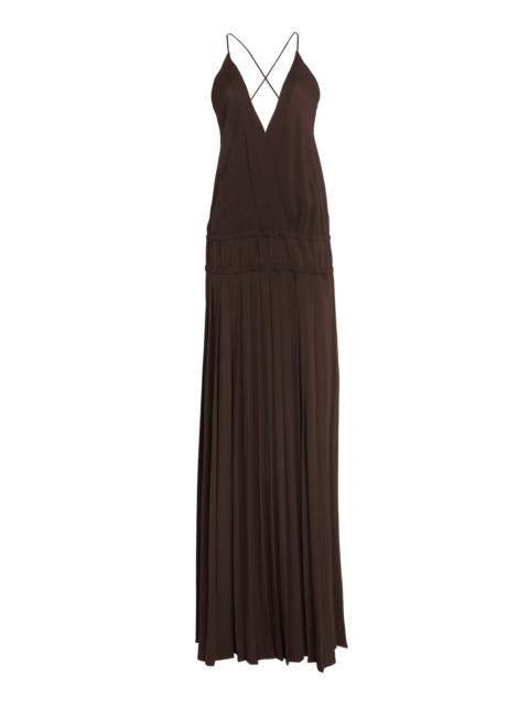 FERRAGAMO Pleated Drop-Waist Crepe Maxi Dress brown