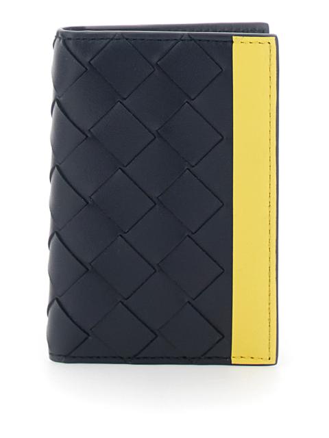 Bottega Veneta Bottega Veneta Men Blue Cardholder With Intreccio Design And Yellow Stripe In Leather For Men