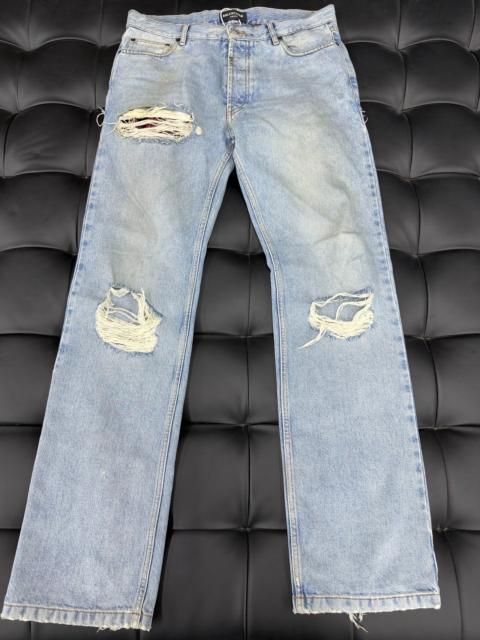 BALENCIAGA Balenciaga FW21 Destroyed Normal Distressed Faux Two-Piece Style Straight Leg Jeans with Red Plaid L
