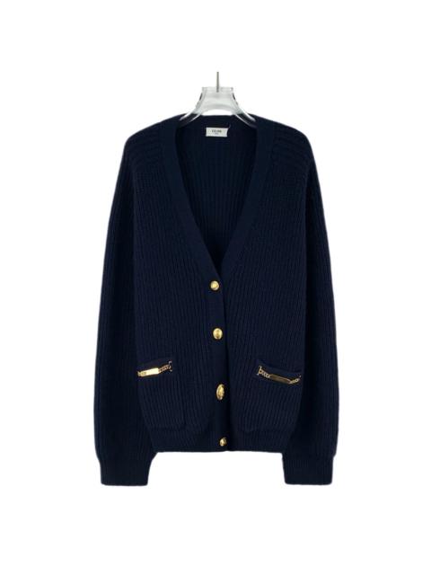 CELINE Celine Pocket Cashmere V Single-Breasted Long Sleeve Knit Cardigan Jacket Navy Blue