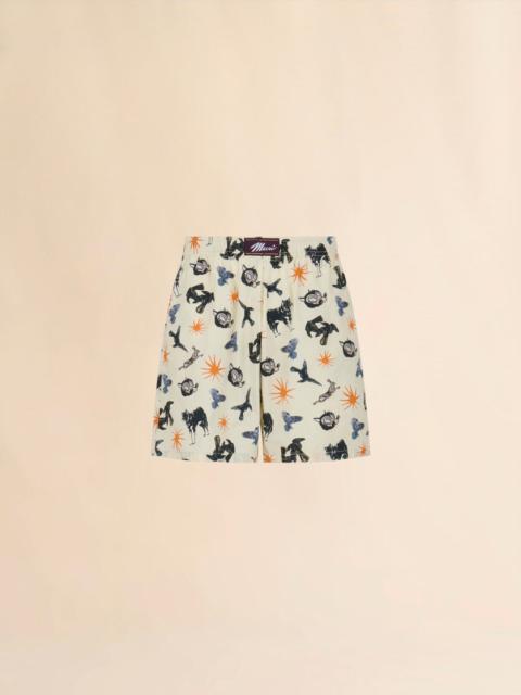Marni CREAM POPLIN BERMUDA SHORTS WITH WOLVES, RAVENS AND DOVES PRINT