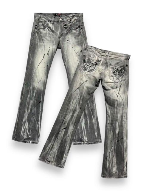 UNDERCOVER Acid Wash Splash Punk Skull Heart Tribal Embroidered FLARE💥