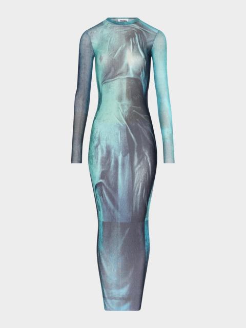 Jean Paul Gaultier Water-Print Mesh Long-Sleeve Midi Dress