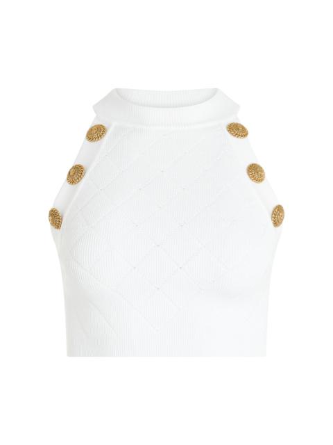 Balmain Short-sleeve 6 Button Knit Cropped Top in White