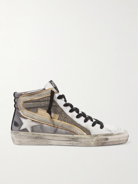 Golden Goose Slide Distressed Suede-trimmed Leather And Lurex High-top Sneakers
