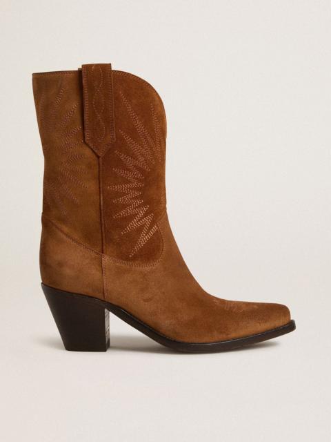 Golden Goose Low Wish Star boots in cognac suede with tone-on-tone embroidered star