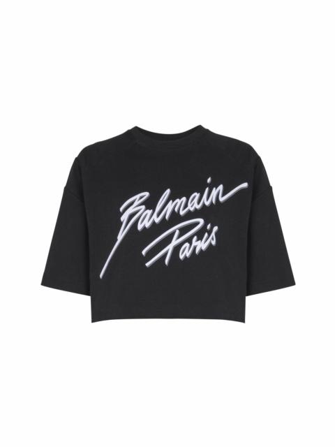 Balmain Cropped T-shirt with flocked Balmain Letter logo in Black at Nordstrom