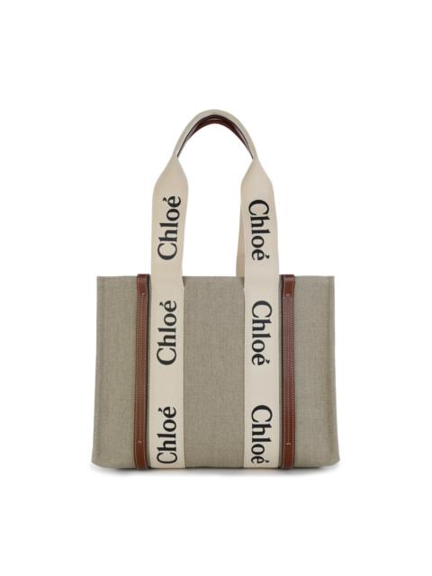 Chloé white and brown canvas woody medium tote bag