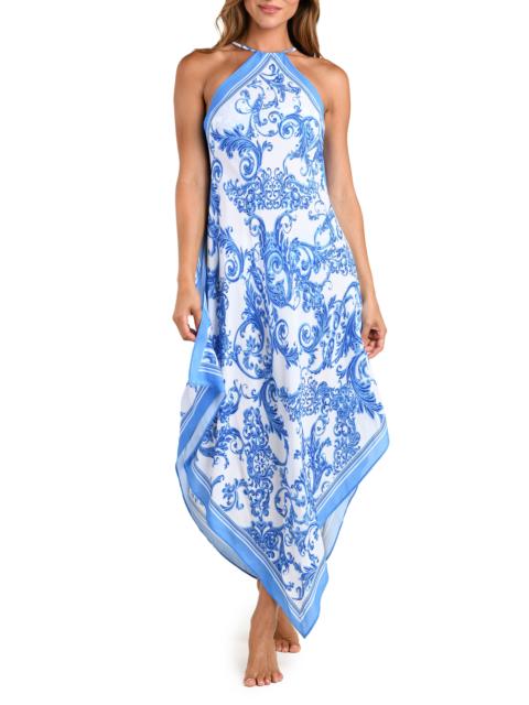L'AGENCE L'AGENCE Elise Halter Neck Handkerchief Midi Dress in Blue/white at Nordstrom