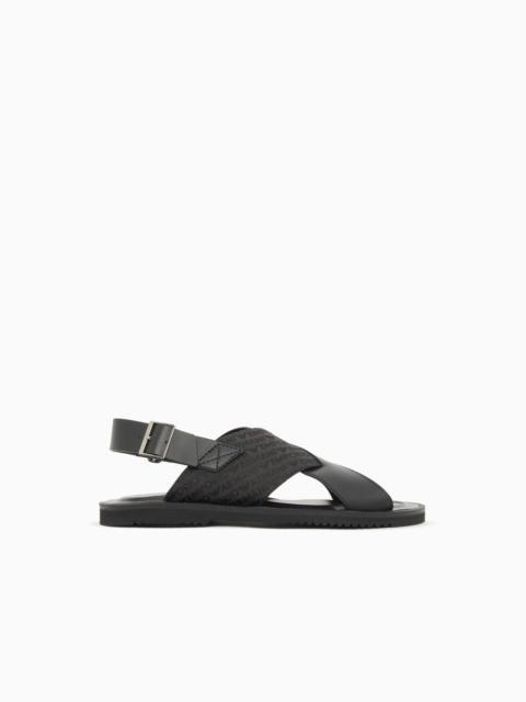 EMPORIO ARMANI LEATHER AND JACQUARD CROSS-OVER SANDALS