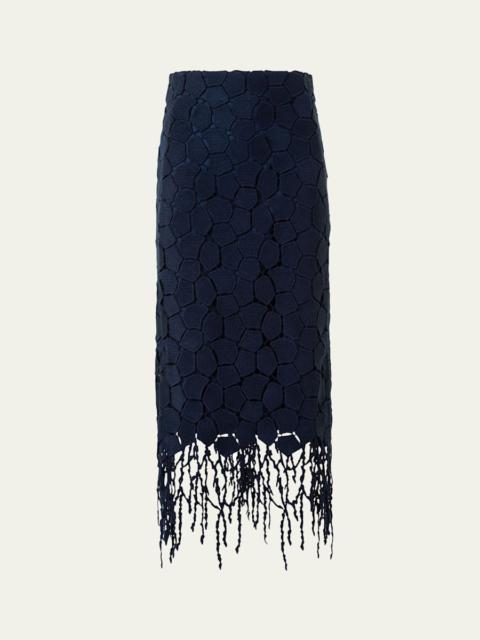 AKRIS Broken Stone Guipure Fringed Midi Pencil Skirt