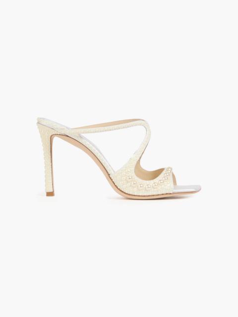 JIMMY CHOO Faux pearl-embellished satin mules