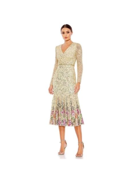 Other Designers Mac Duggal A5589 Sequin Long Sleeve Tea-Length Dress – Gold Multi size 6  NWT
