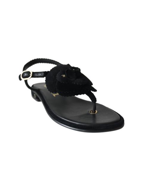 CHANEL Chanel Velvet Pearl Camellia Thong Sandals Black