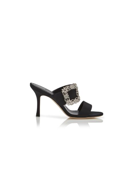 Manolo Blahnik Black Crepe de Chine Jewel Buckle Mules