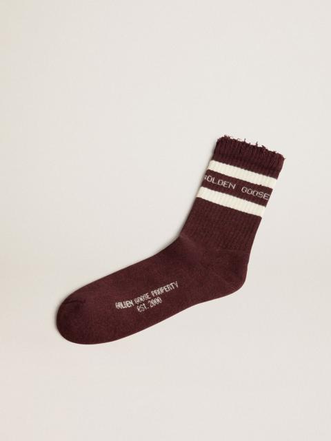 Golden Goose Burgundy socks with distressed details and worn white stripes