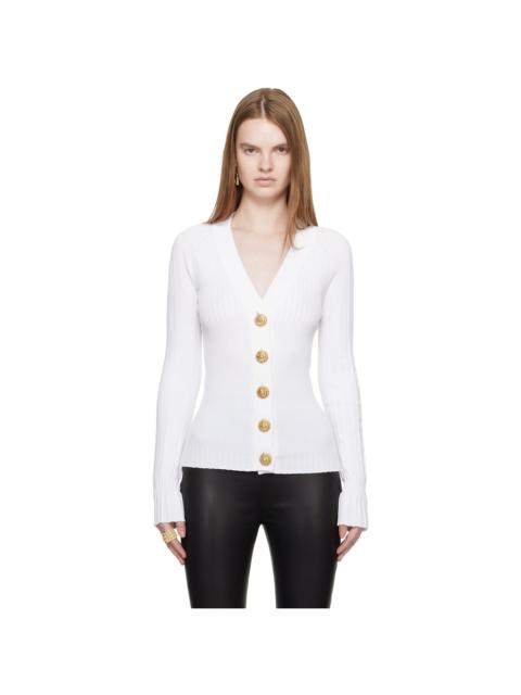 Balmain White Buttoned V-Neck Light Knit Cardigan