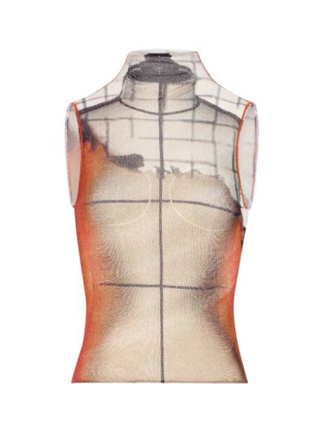 Jean Paul Gaultier Jean Paul Gaultier Women White Tulle Tank Top With "Fire" Print And Draped Lining