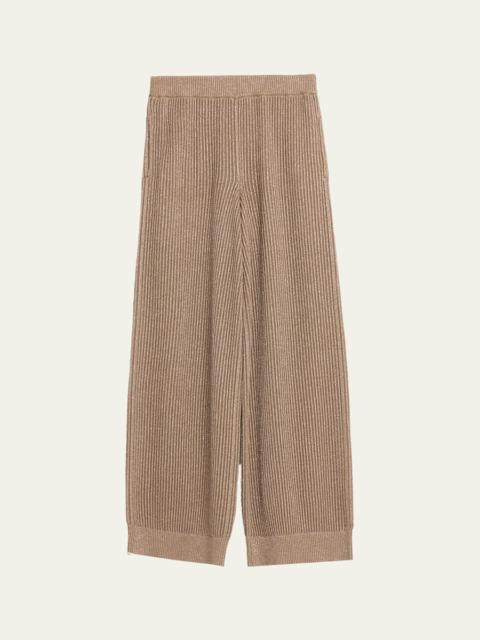 Brunello Cucinelli Metallic Cotton Rib Wide-Leg Pull-On Trousers