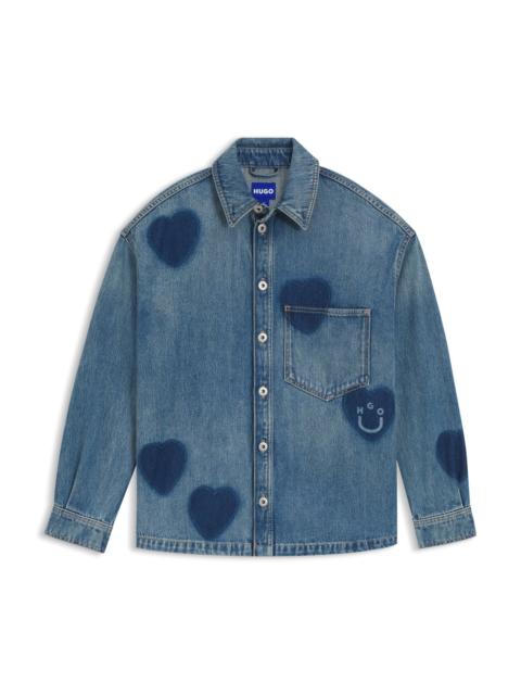 HUGO RIGID-DENIM SHIRT WITH PRINTED HEARTS