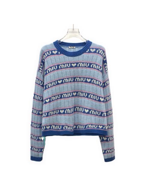 Miu Miu Miu Miu Striped Logo Wool Crew Neck Long Sleeve Knit Sweater Blue