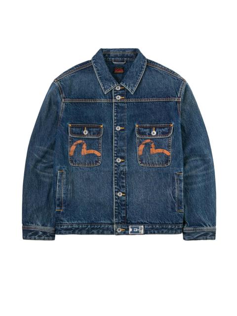 EVISU Distressed Seagull Print and Frayed Logo Patch Embroidery Relax Fit Denim Jacket