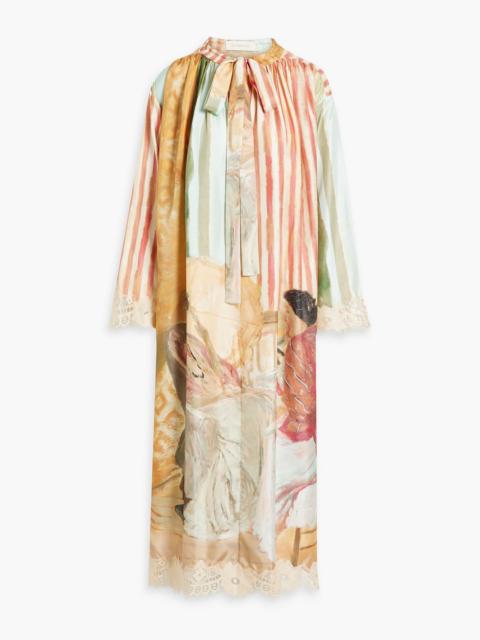 Zimmermann Corded lace-paneled printed silk-twill midi dress