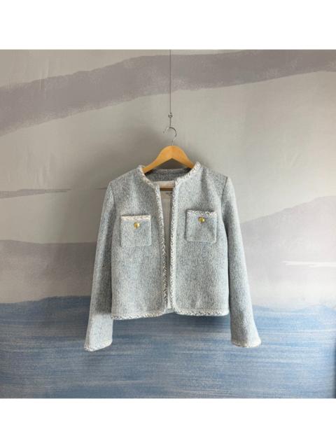 CELINE Celine Glacier Blue Tweed Jacket with Gold Buckle and Pockets