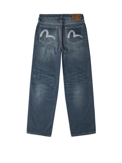 EVISU Distressed Seagull Print with Irregular Patches Loose Fit Denim Jeans
