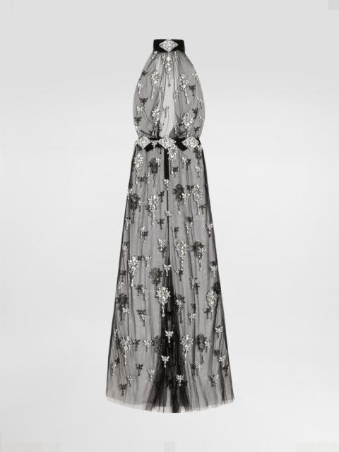 Dolce & Gabbana Long dress in tulle embroidered with rhinestones