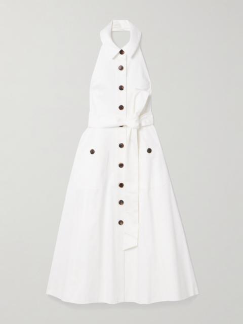 CAROLINA HERRERA Belted Cotton-blend Sateen Halterneck Midi Shirt Dress