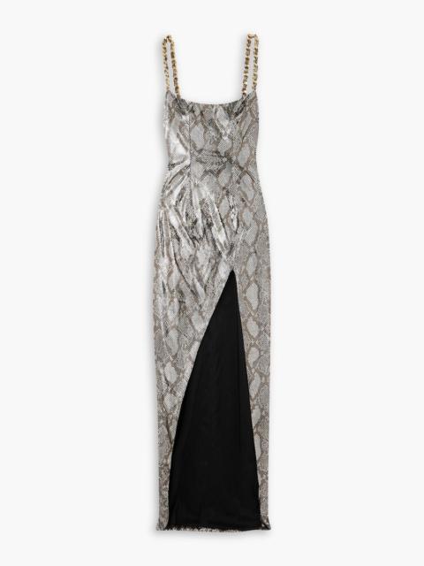 Balmain Chain-embellished snake-print metallic coated maxi dress