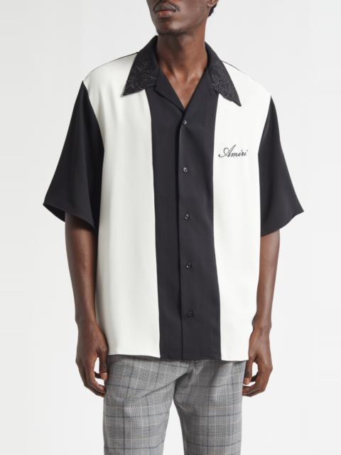 AMIRI AMIRI Colorblock Floral Embroidered Camp Shirt in Black at Nordstrom
