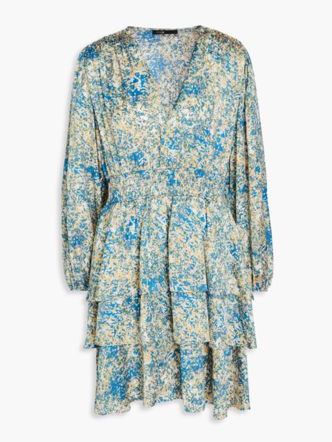 maje Tiered printed satin mini dress