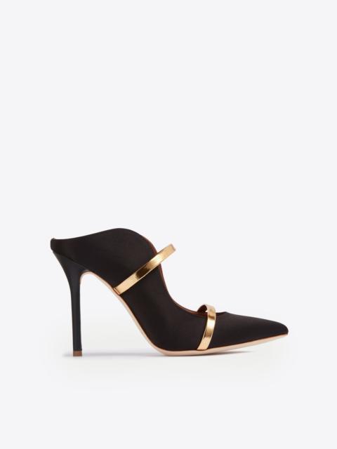 MALONE SOULIERS Maureen 100 Black & Gold Satin Mules