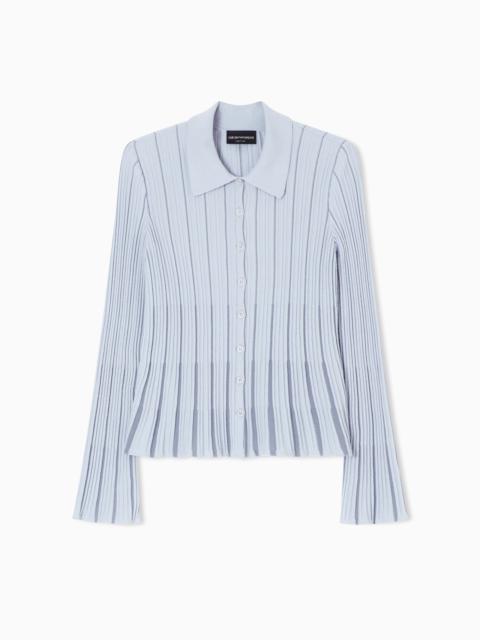 EMPORIO ARMANI CLASSIC COLLAR CARDIGAN IN VANISÉ RIBBED KNIT