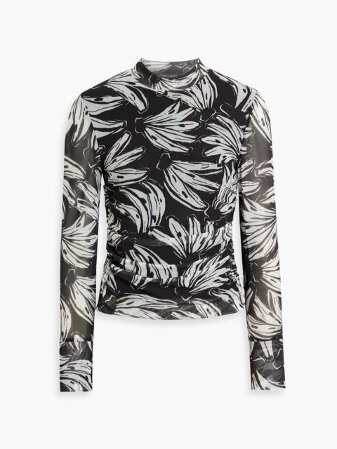 FARM RIO Ruched printed stretch-mesh top
