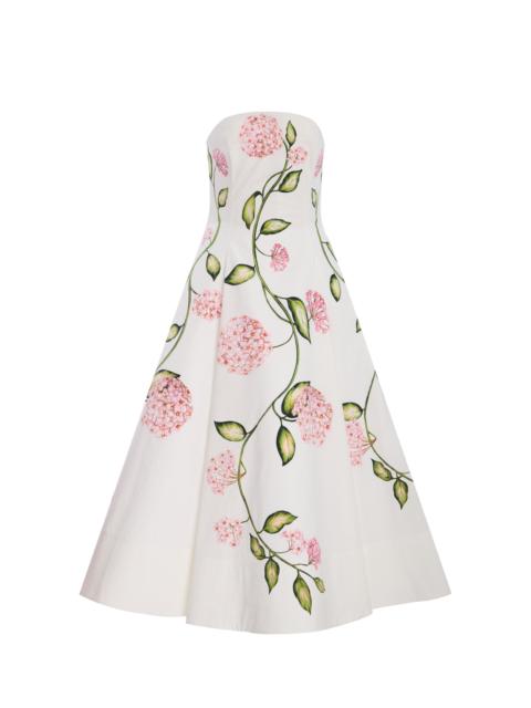 Oscar de la Renta Porcelain Flowers Strapless Poplin Midi Dress white