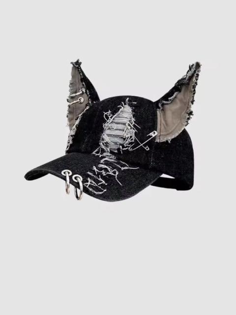 Other Designers Japanese Brand - Vintage-Inspired Cat-Ear Denim Cap with Ripped Details