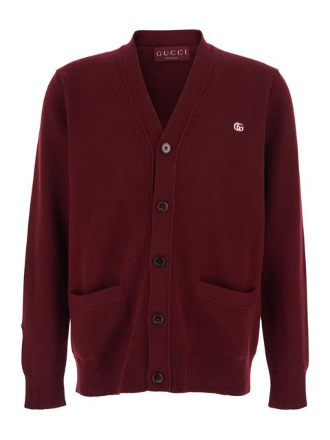 GUCCI Gucci Men Bordeaux Cardigan With V Neck And Gg Embroidery On The Front In Cashmere Man