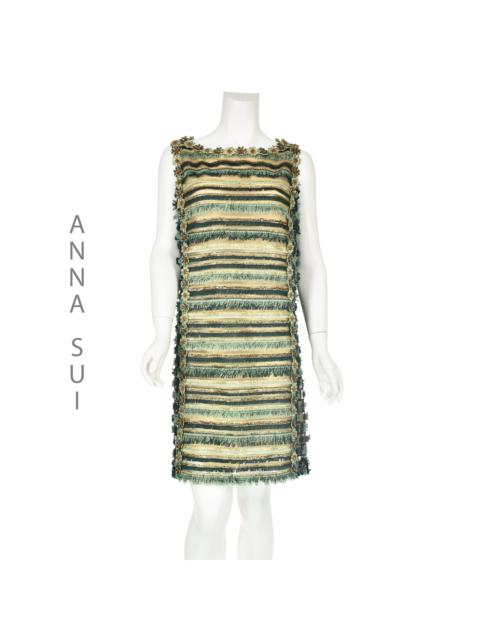 ANNA SUI Vintage Y2K Green & Gold Fringed Mini Shift Dress