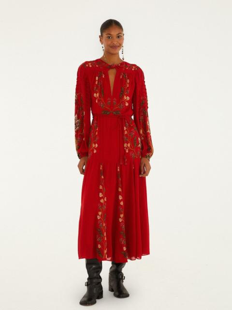 FARM RIO Red Berry Garden Long Sleeve Pleated Maxi Dress
