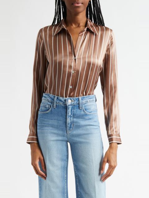L'AGENCE Tyler Stripe Silk Button-Up Shirt in Chocolate Malt/Ecru Stripe at Nordstrom