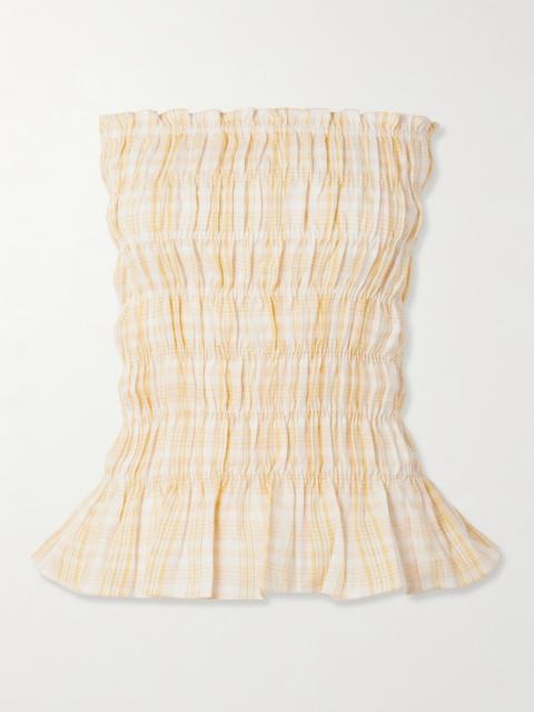 FAITHFULL Iris Strapless Shirred Checked Linen Top