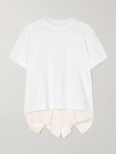 Paneled cotton-jersey and ruffled satin T-shirt White